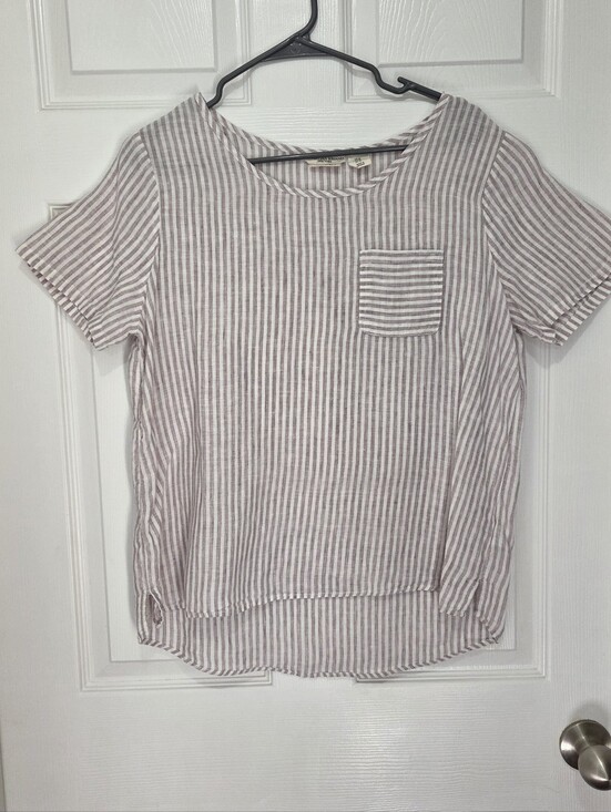 Christian Siriano Tops - Christian Siriano Taupe White Striped 100% Linen Pocket Top Size Medium